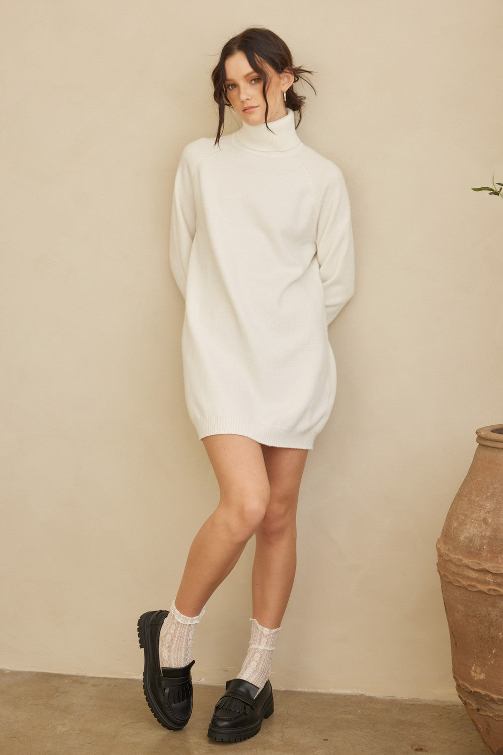 Cream Knit Long Sleeve Turtleneck Maternity Sweater Dress