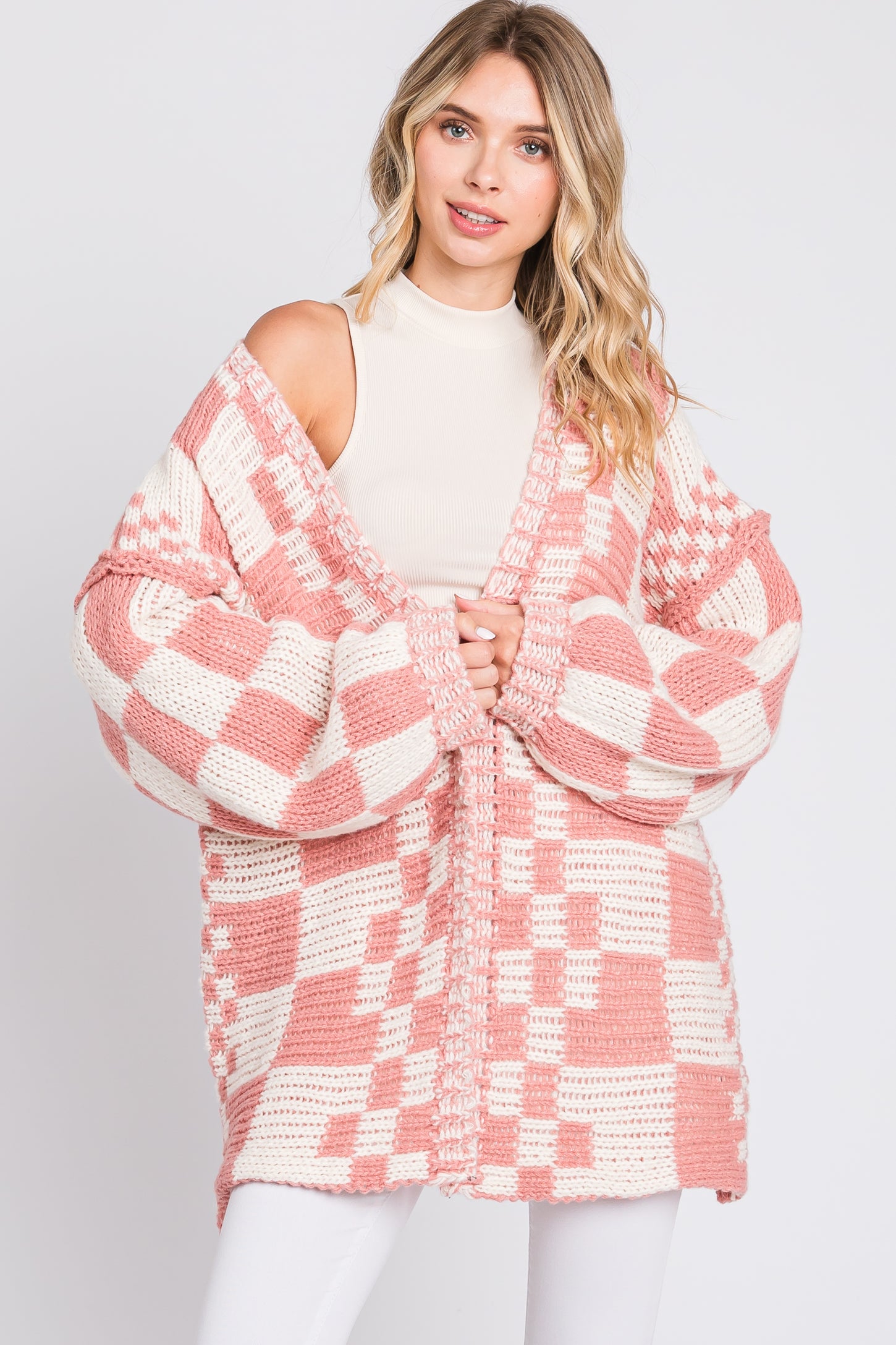 Mauve Checkered Oversized Chunky Knit Cardigan