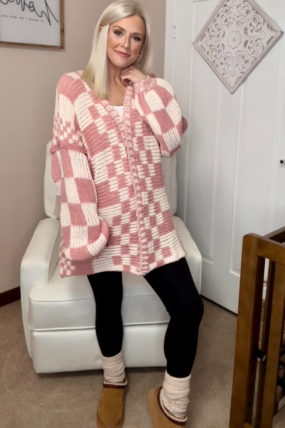 Mauve Checkered Oversized Chunky Knit Cardigan