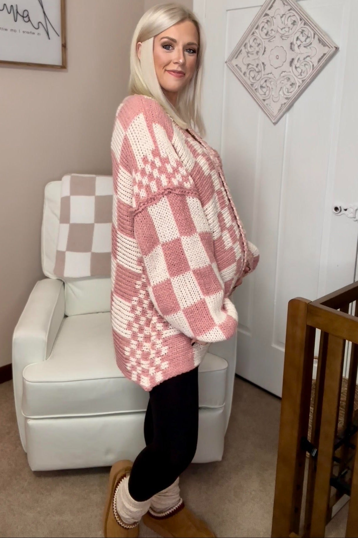Mauve Checkered Oversized Chunky Knit Maternity Cardigan