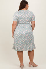 Light Olive Floral Knit Short Sleeve Plus Dress
