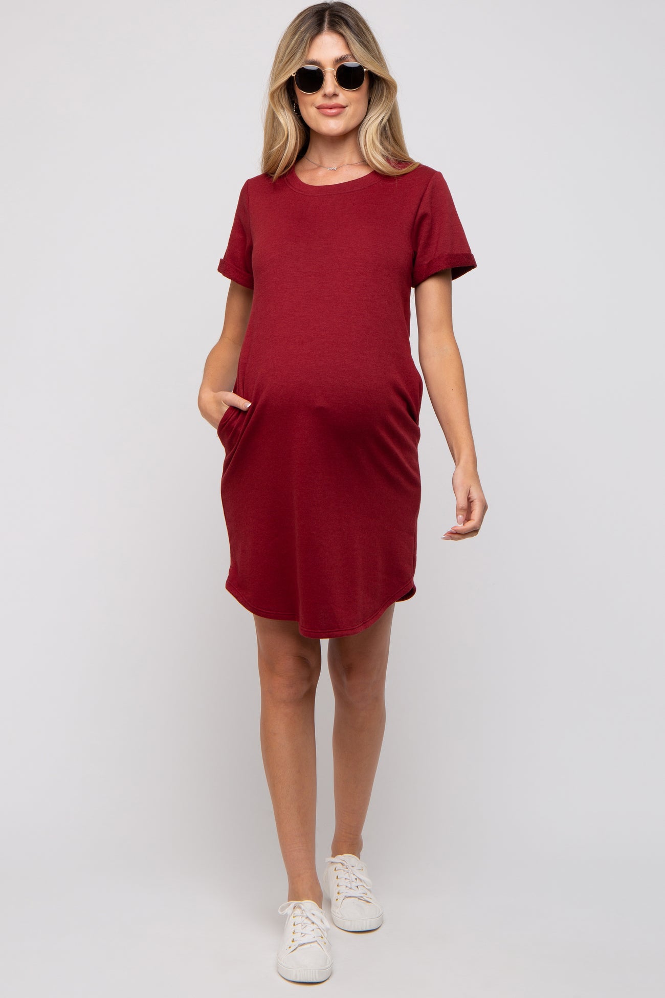Burgundy French Terry Cuffed Short Sleeve Maternity Dress