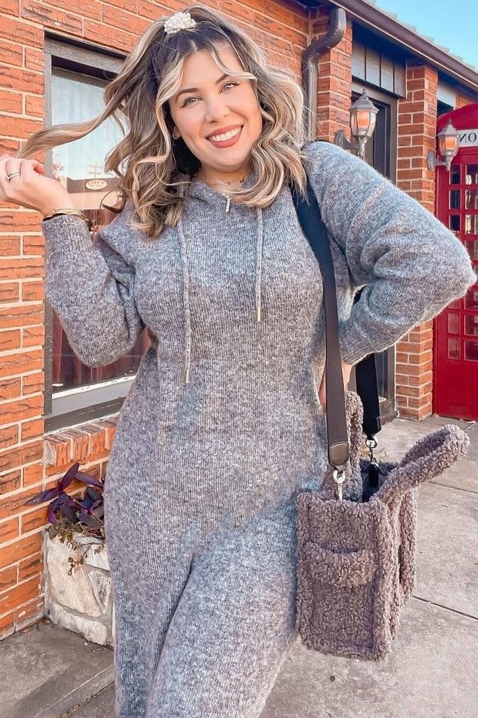Charcoal Grey Hooded Sweater Midi Dress