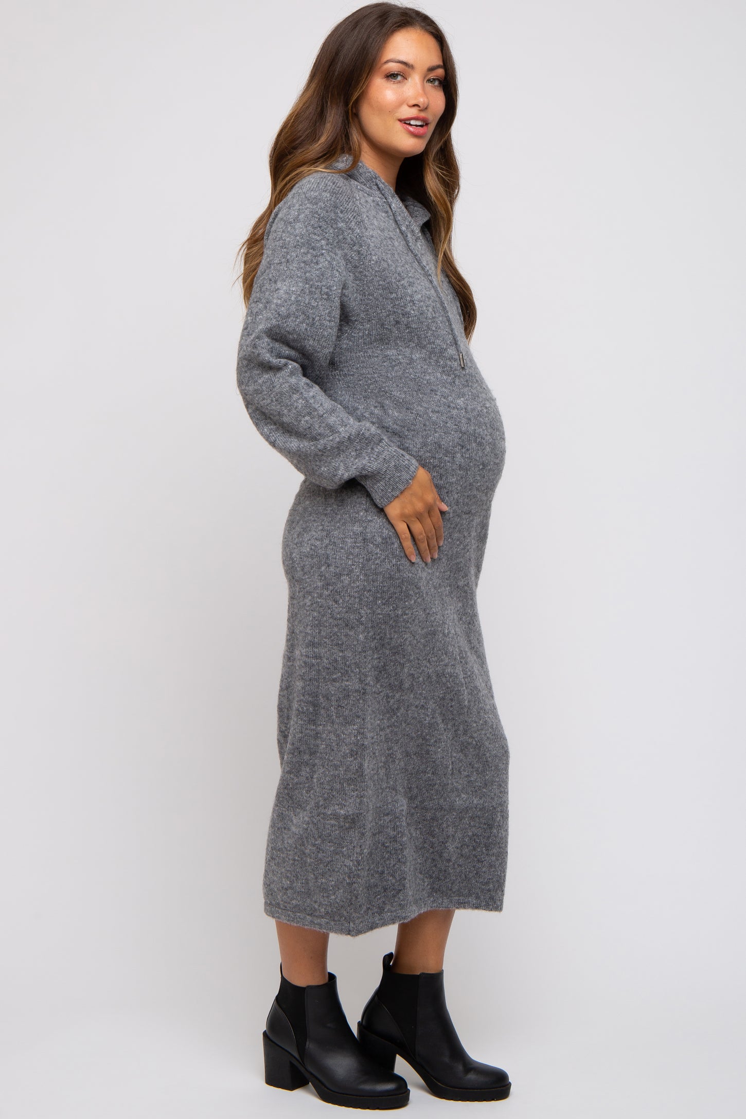 Charcoal Grey Hooded Maternity Sweater Midi Dress