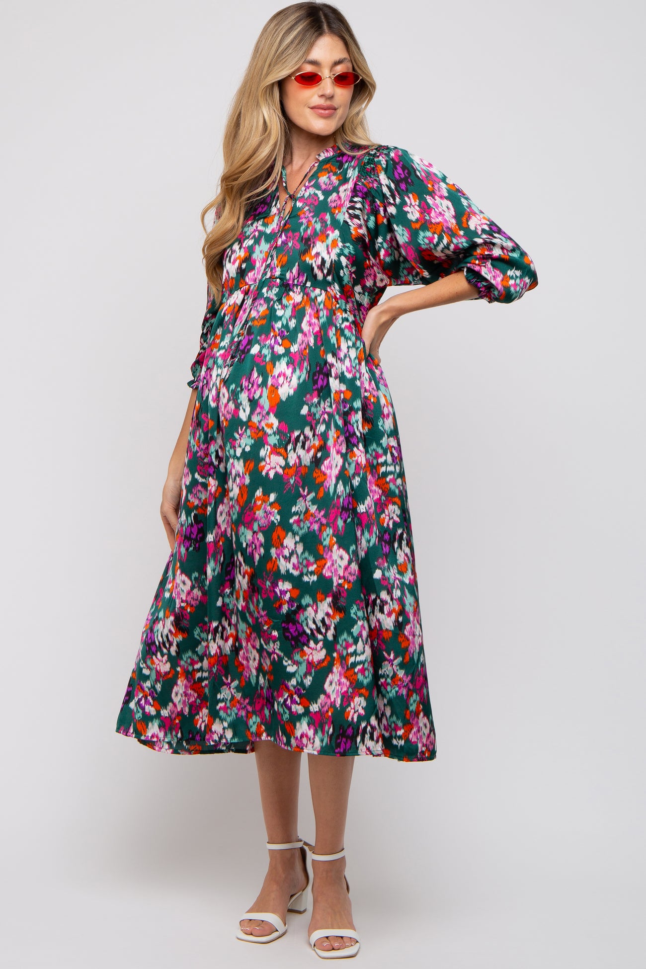 Forest Green Floral Satin Ruffle Neck Maternity Midi Dress