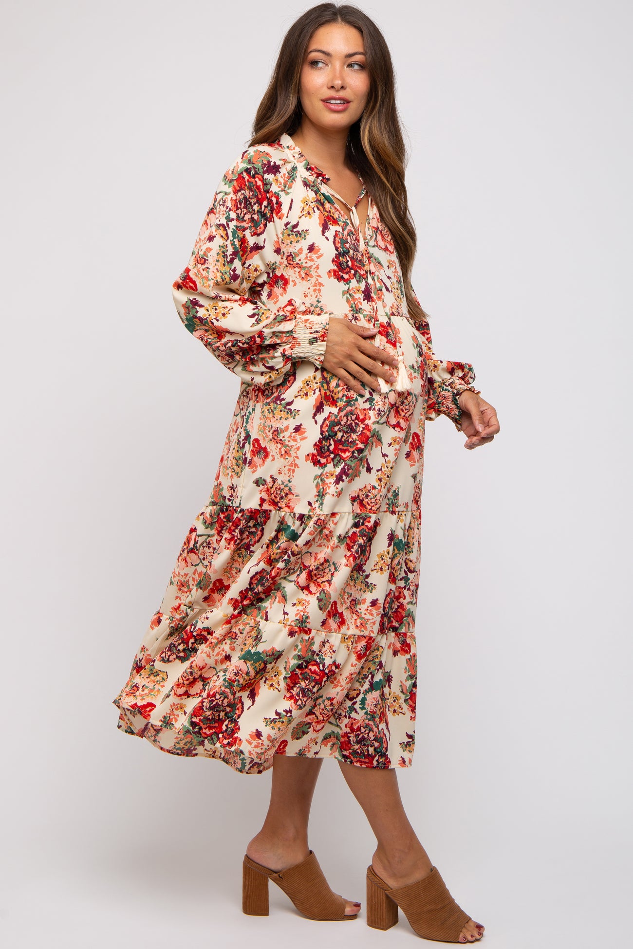 Cream Floral Ruffle Neck Tiered Maternity Midi Dress