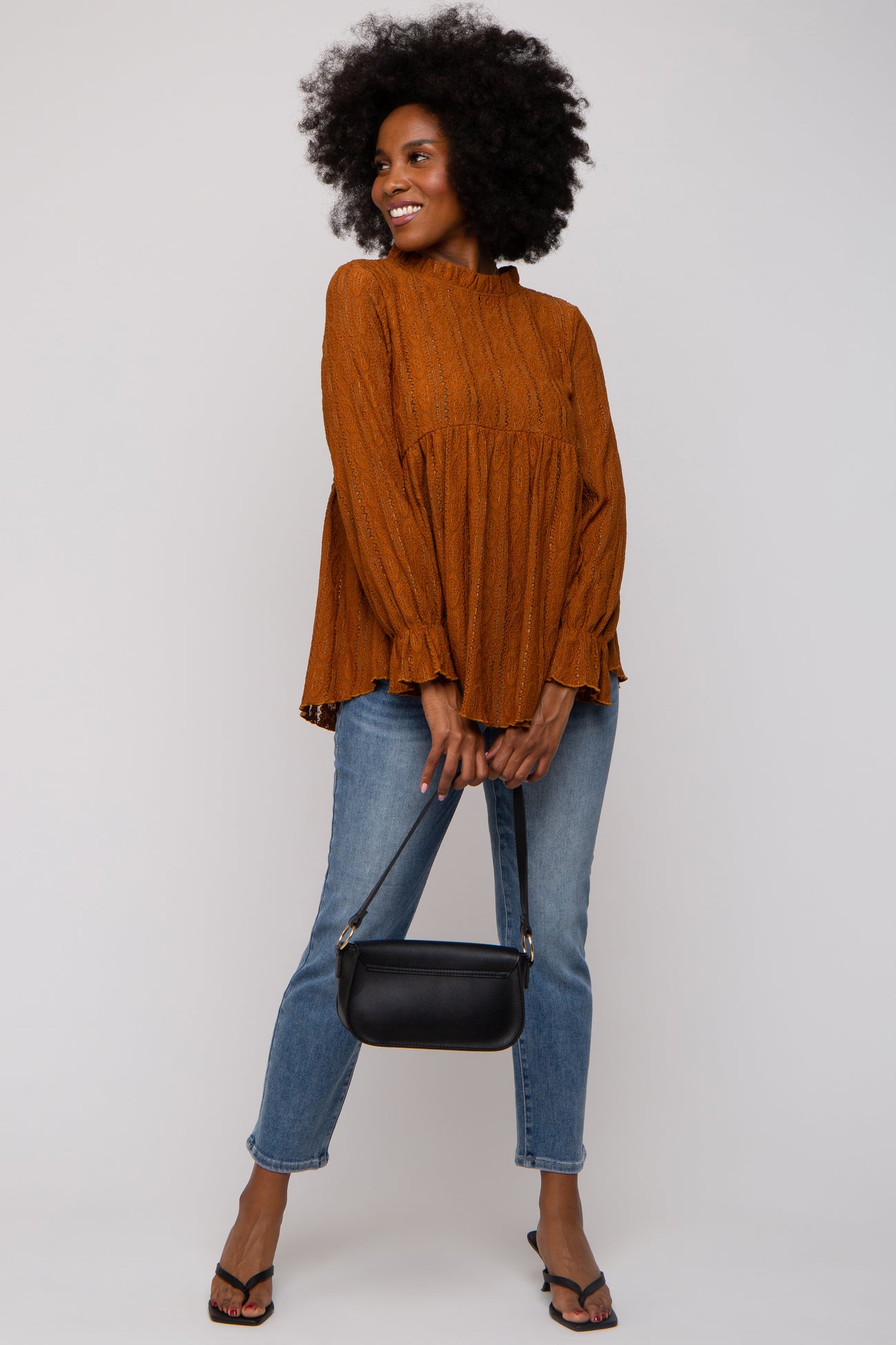 Camel Lace Ruffled Neck Maternity Top