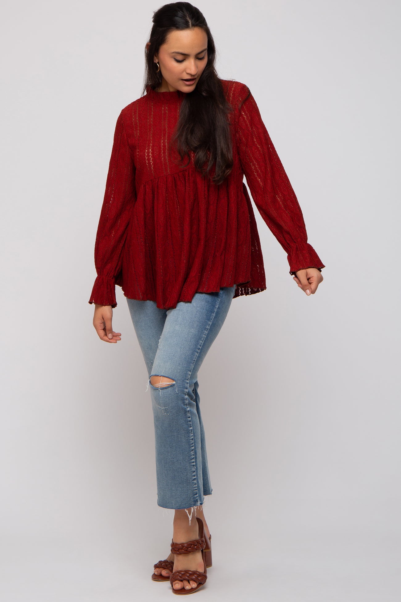 Red Lace Ruffled Neck Maternity Top