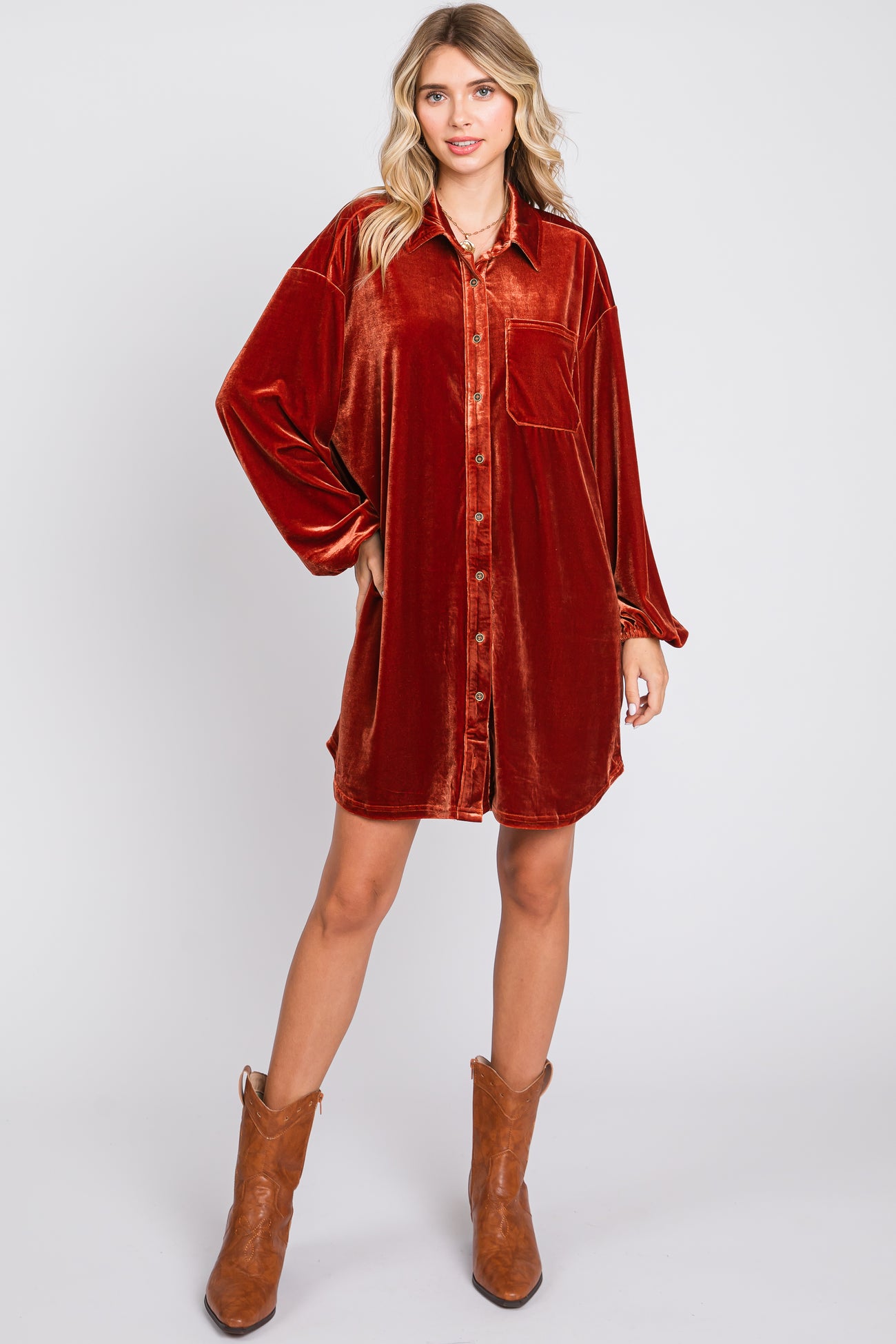 Rust Velour Button Up Long Sleeve Maternity Dress