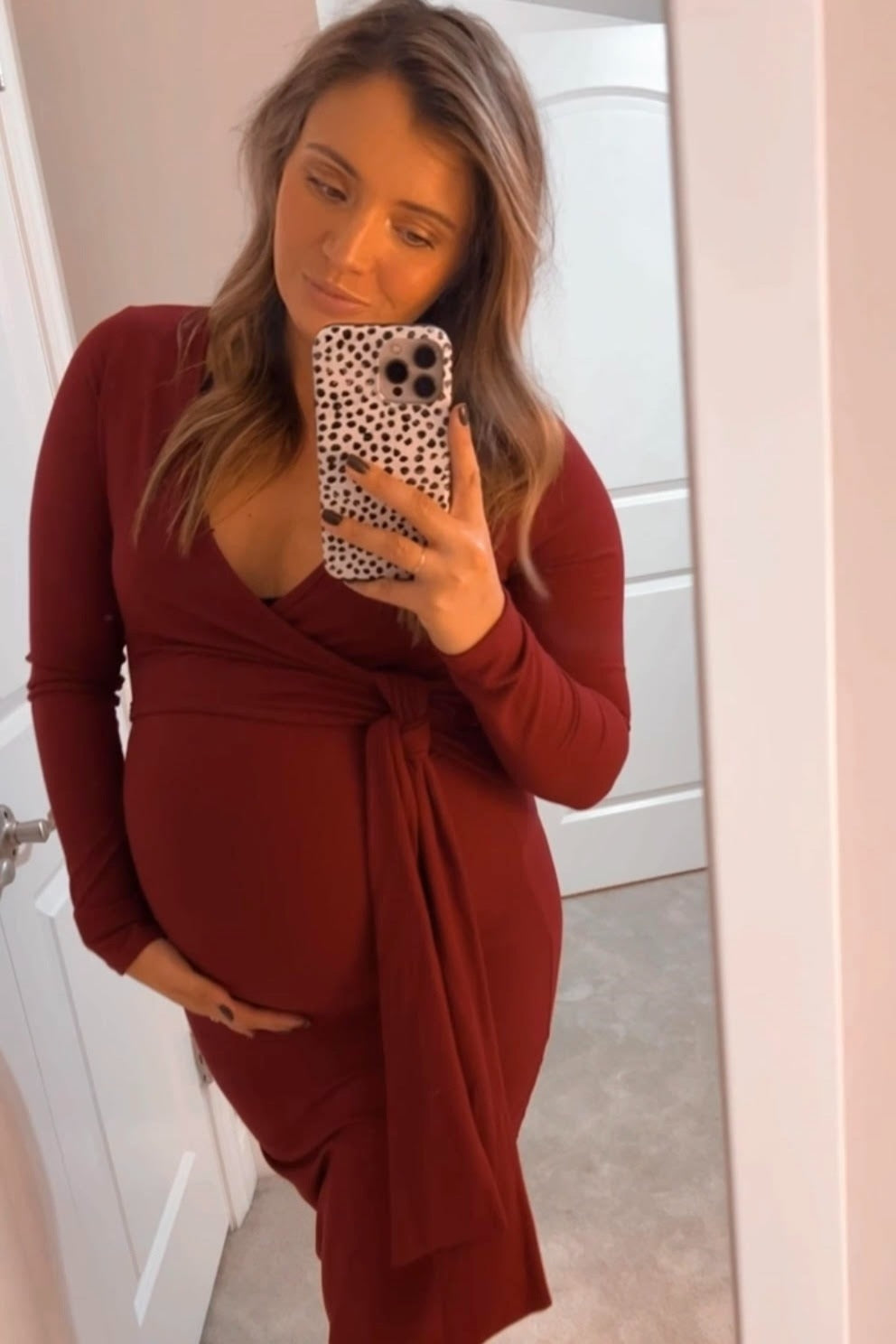 Burgundy Ribbed Long Sleeve Maternity Wrap Dress