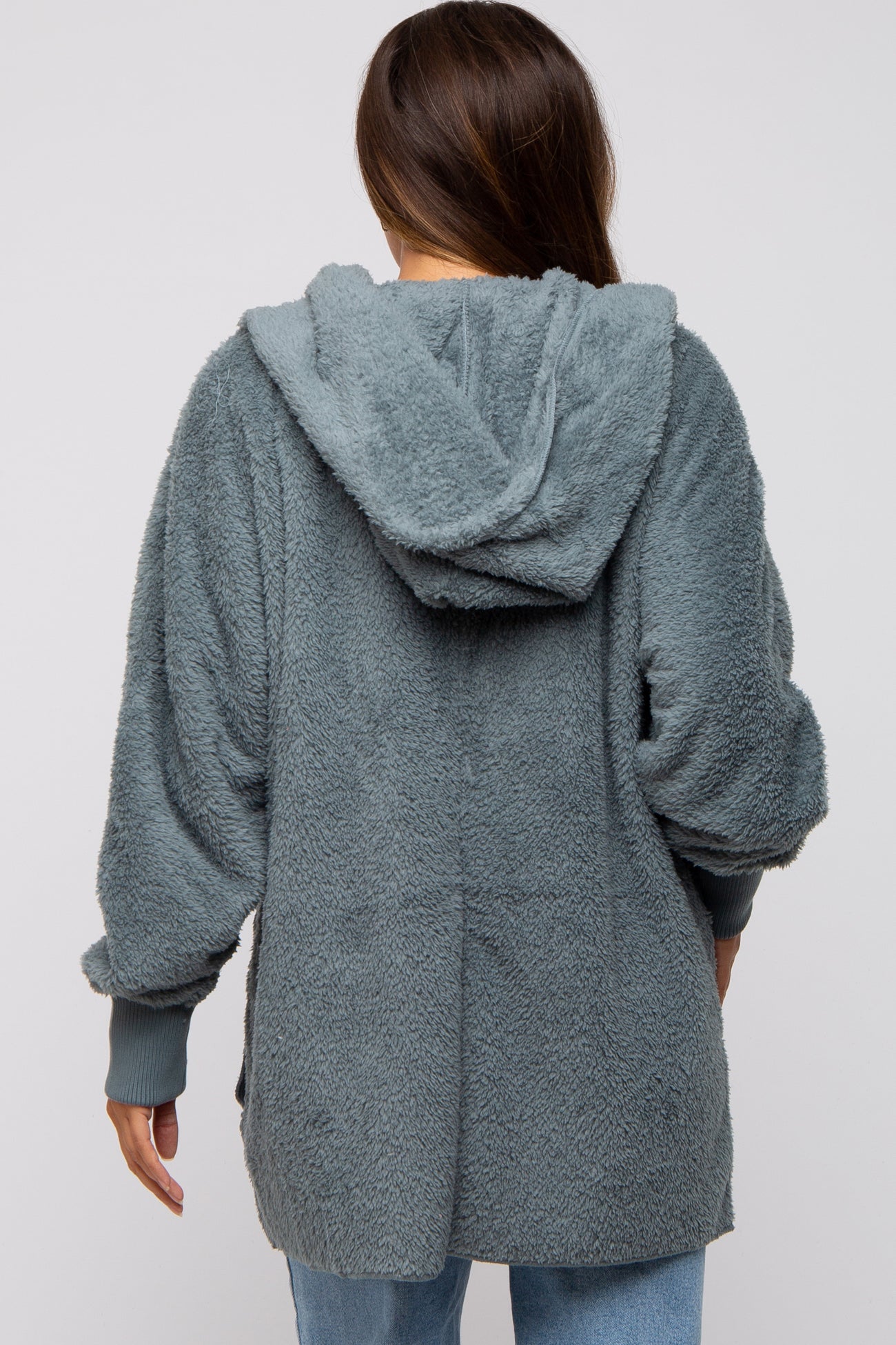 Teal Grey Fuzzy Hooded Long Sleeve Maternity Jacket