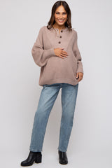 Beige Half Button Up Maternity Sweater