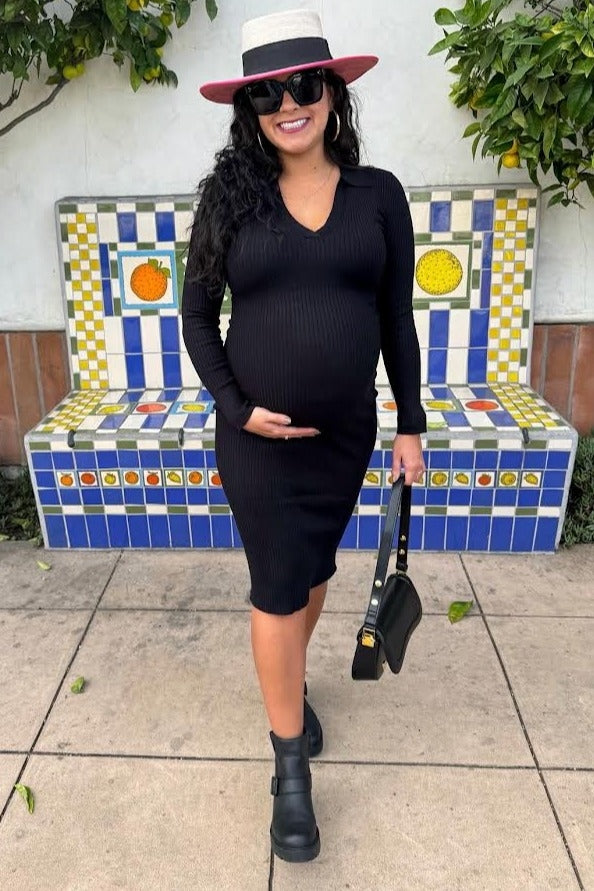 Black Ribbed Knit Fitted Maternity Dress