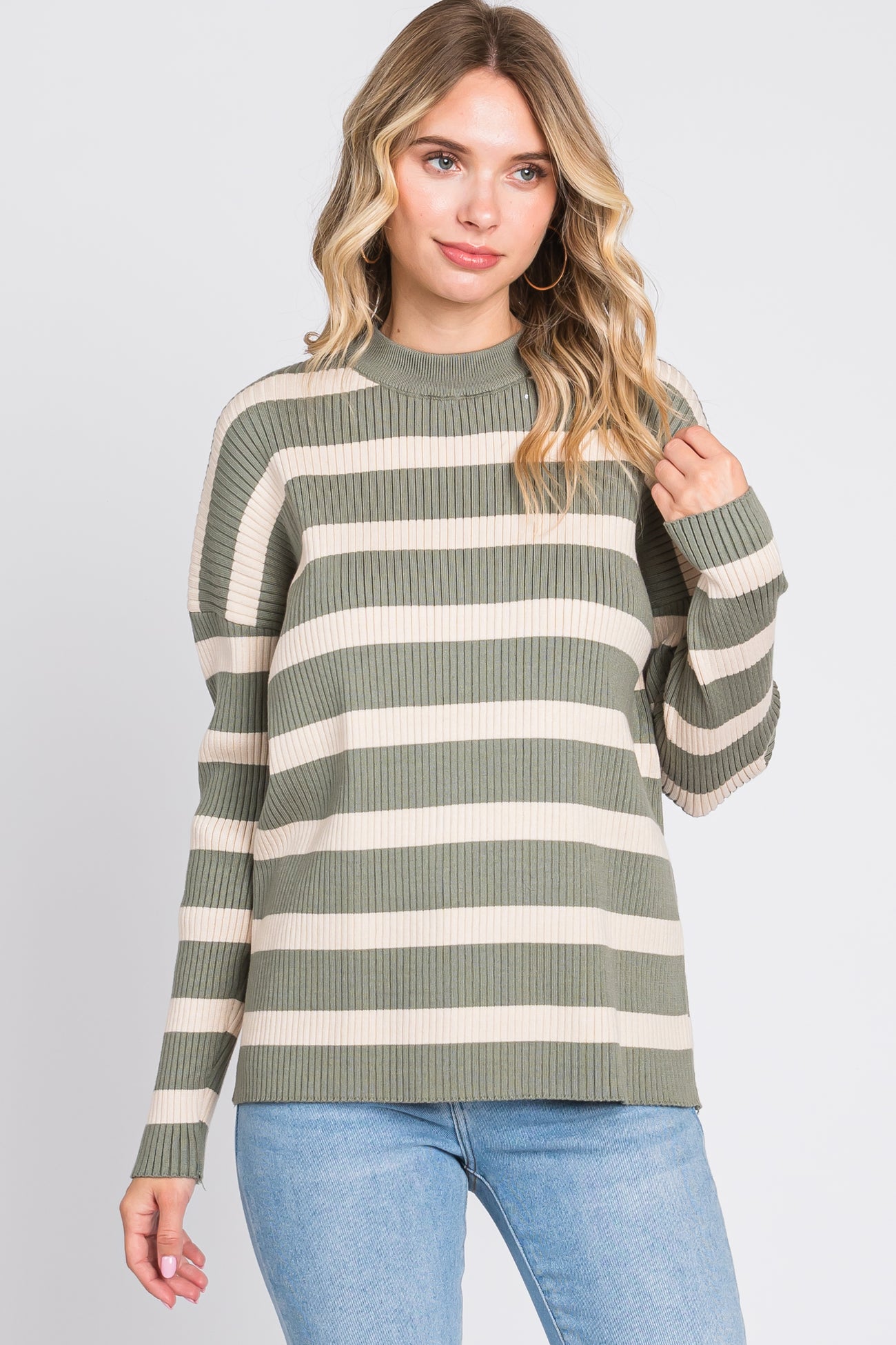 Olive Striped Ribbed Long Sleeve Maternity Top