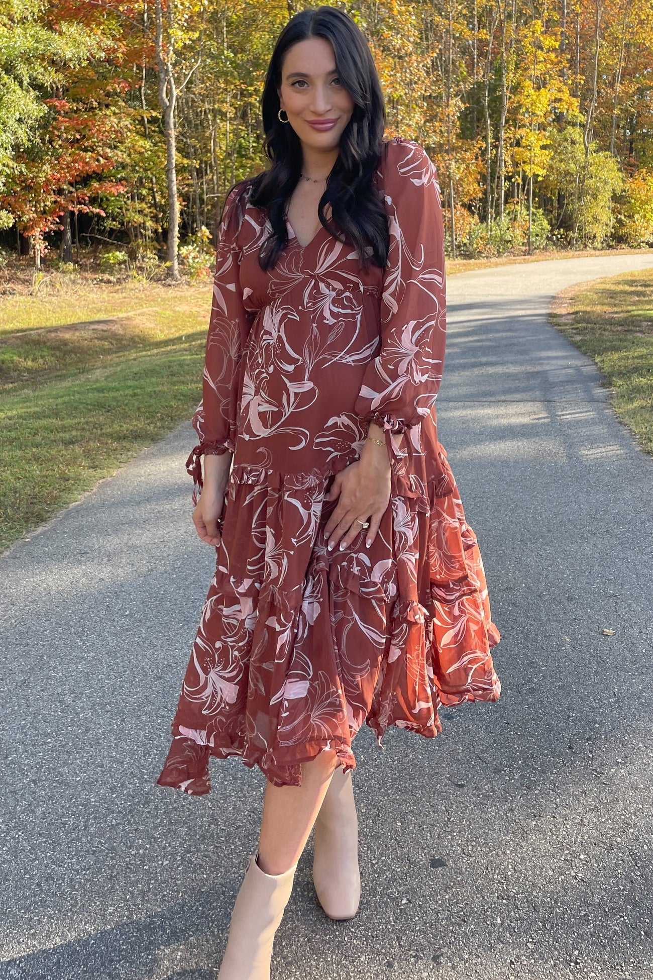 Brown Floral Chiffon Ruffle Tiered Midi Dress