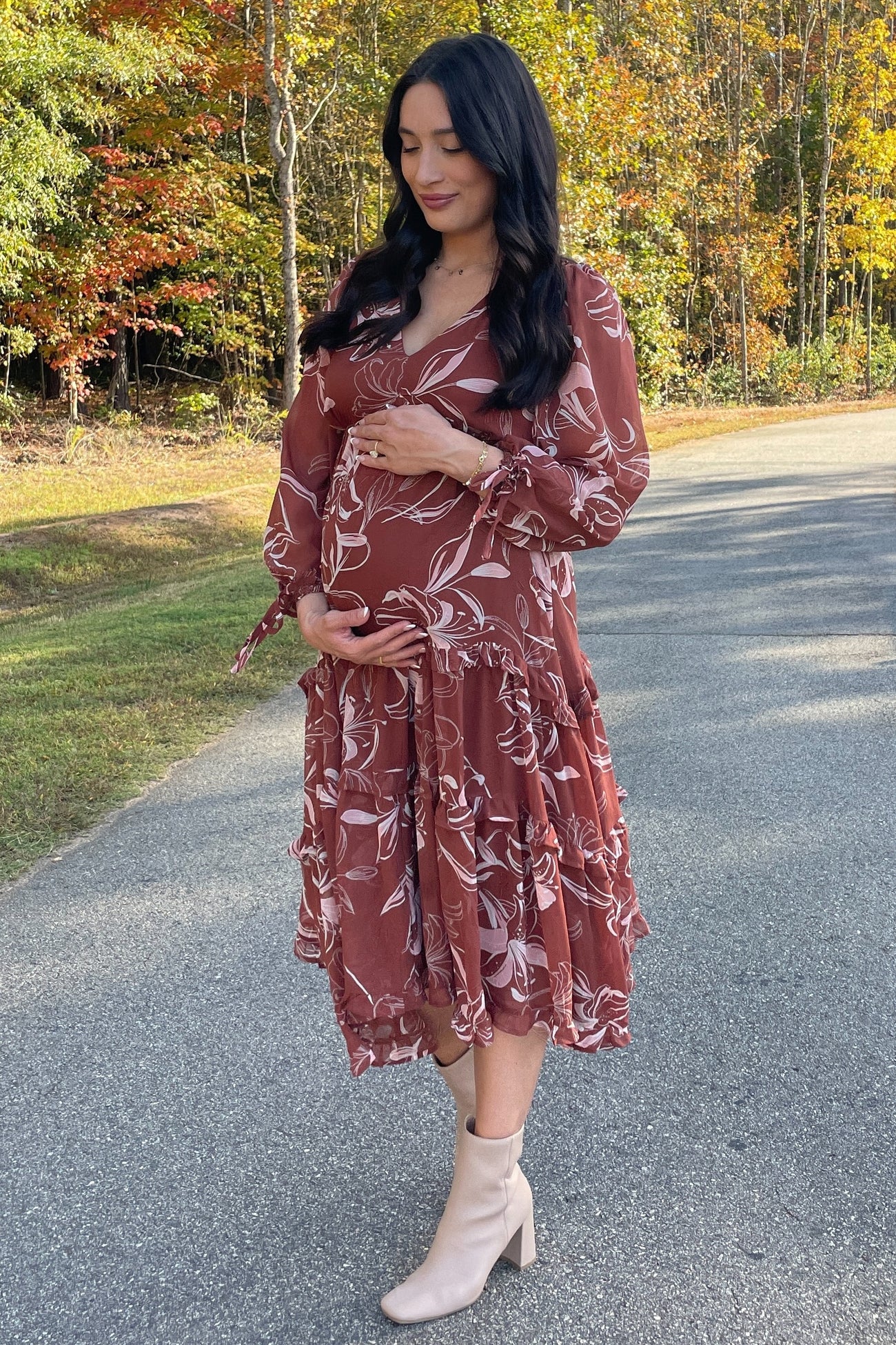 Brown Floral Chiffon Ruffle Tiered Maternity Midi Dress