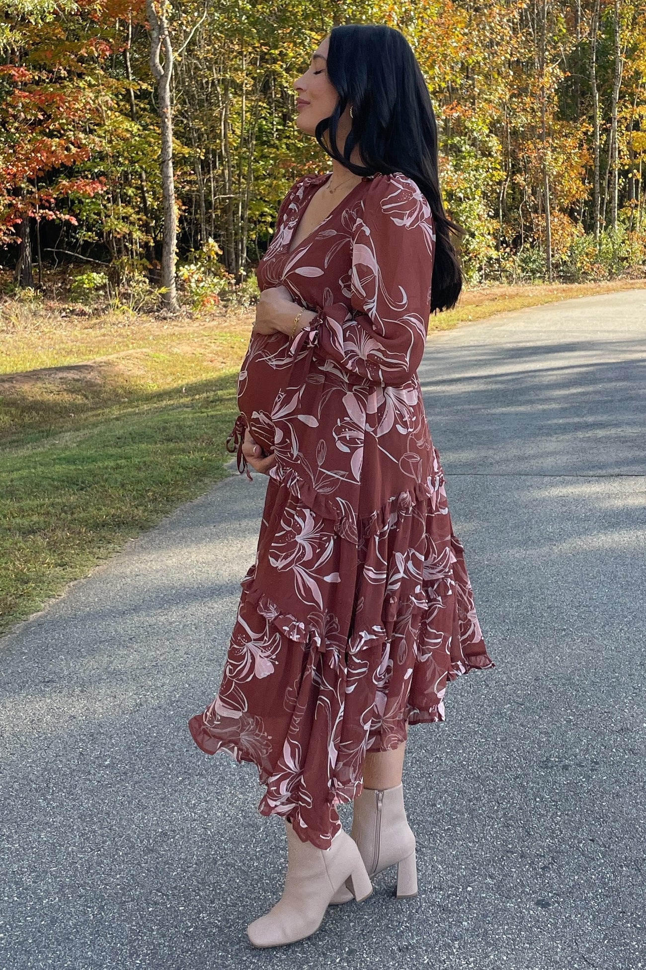 Brown Floral Chiffon Ruffle Tiered Maternity Midi Dress