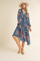 woman wearing a blue floral midi dress with long sleeves and ruffled hem, paired with beige knee-high boots and a wide-brimmed hat