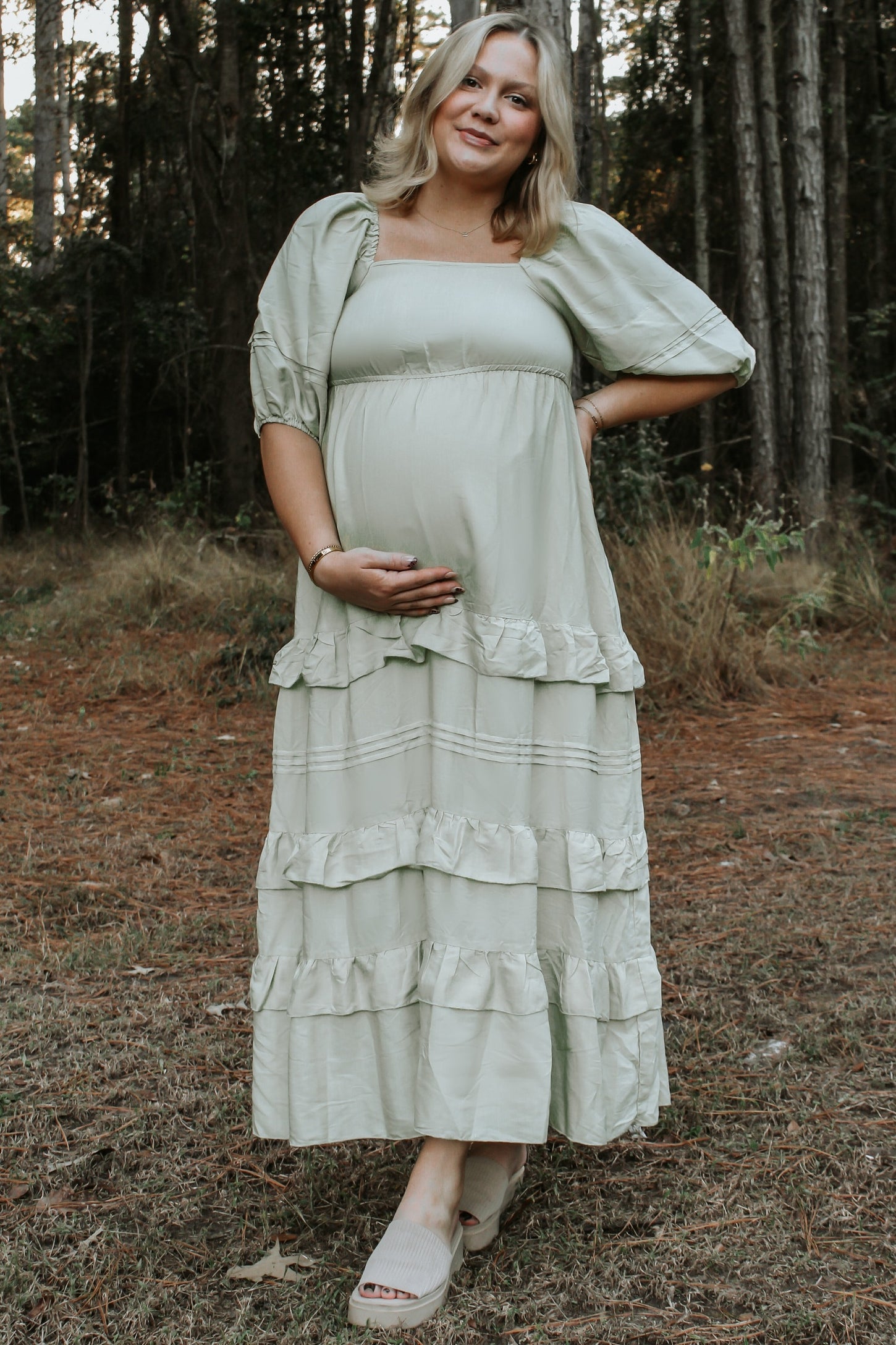 Sage Ruffle Tiered Maternity Maxi Dress