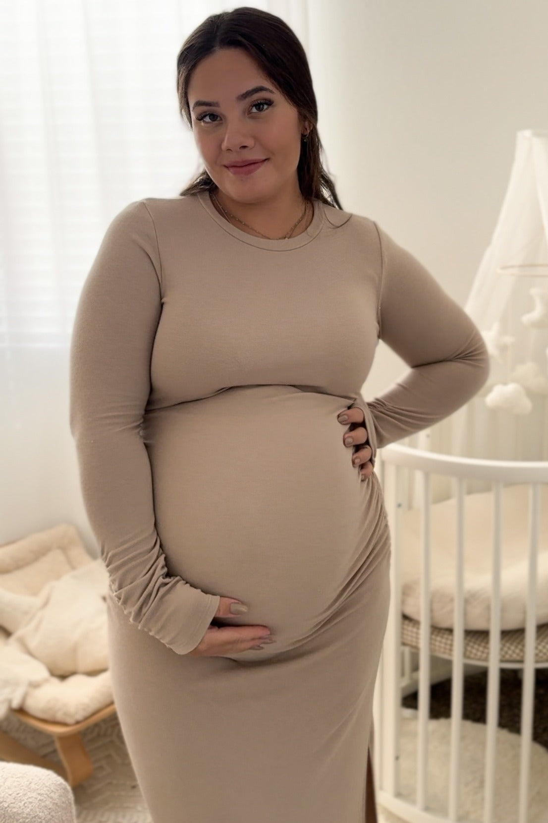Beige Ruched Long Sleeve Maternity Midi Dress