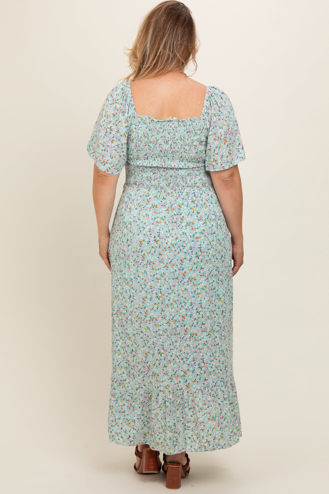 Mint Floral Smocked Plus Maternity Maxi Dress