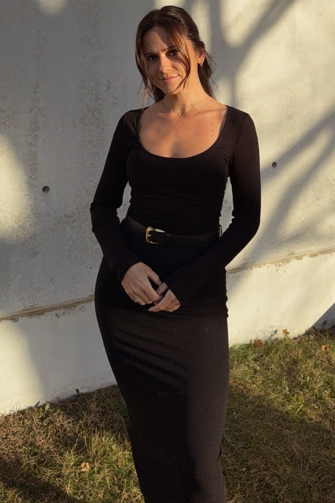 Black Ribbed Scoop Neck Maternity Midi Dress