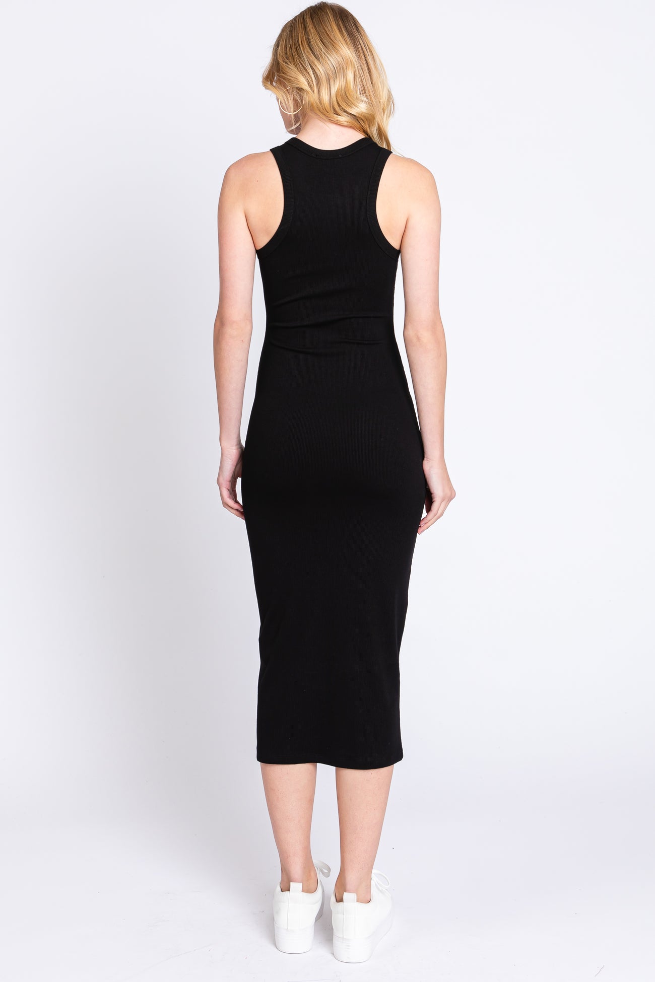 Black Sleeveless Ribbed Fitted Midi Dress