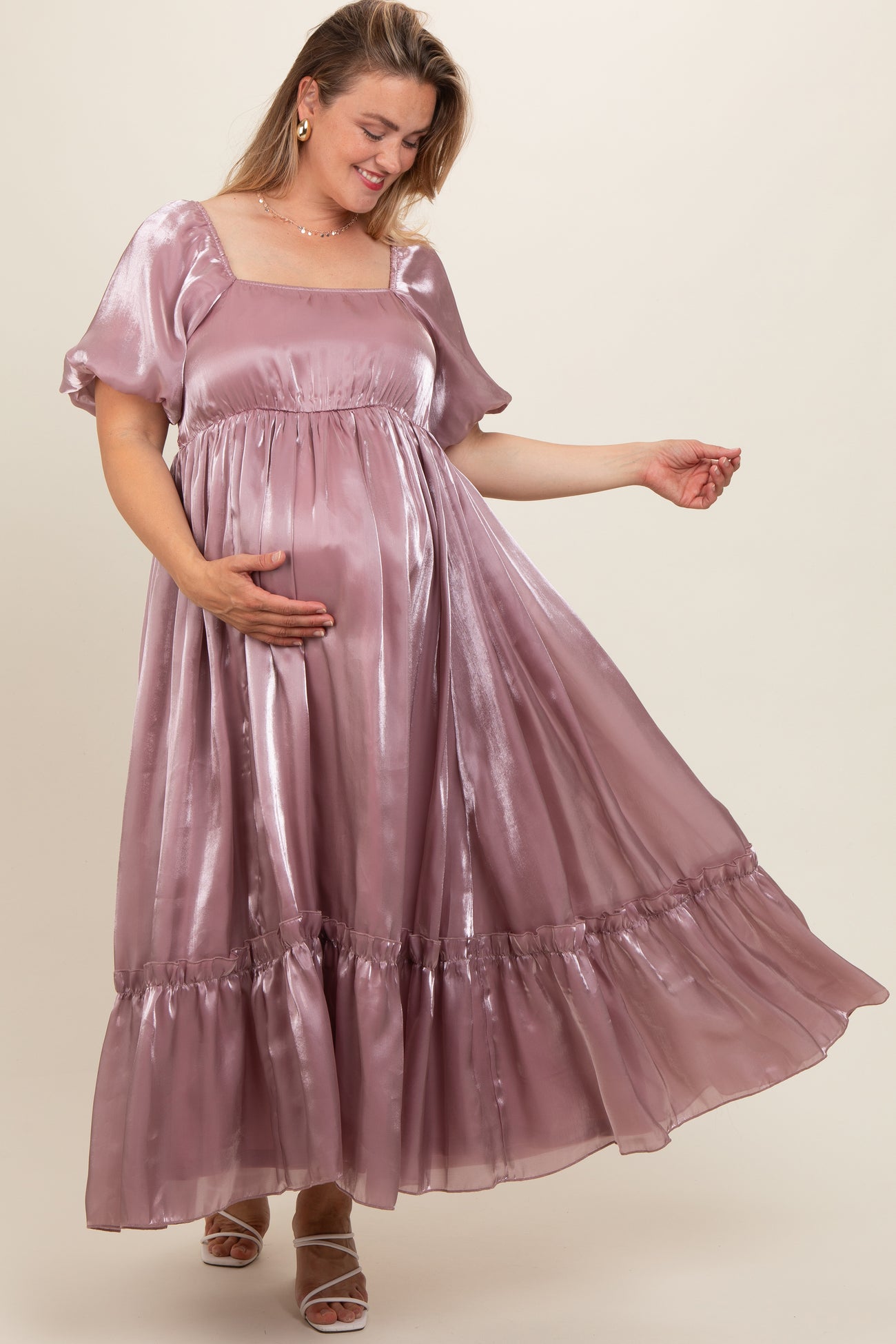 Mauve Puff Sleeve Ruffle Hem Plus Maternity Maxi Dress