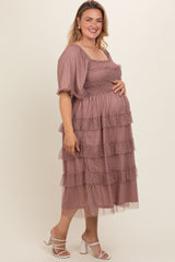Pink Swiss Dot Smocked Tiered Maternity Plus Midi Dress