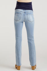 maternity wear light blue distressed straight leg jeans viewed from the back