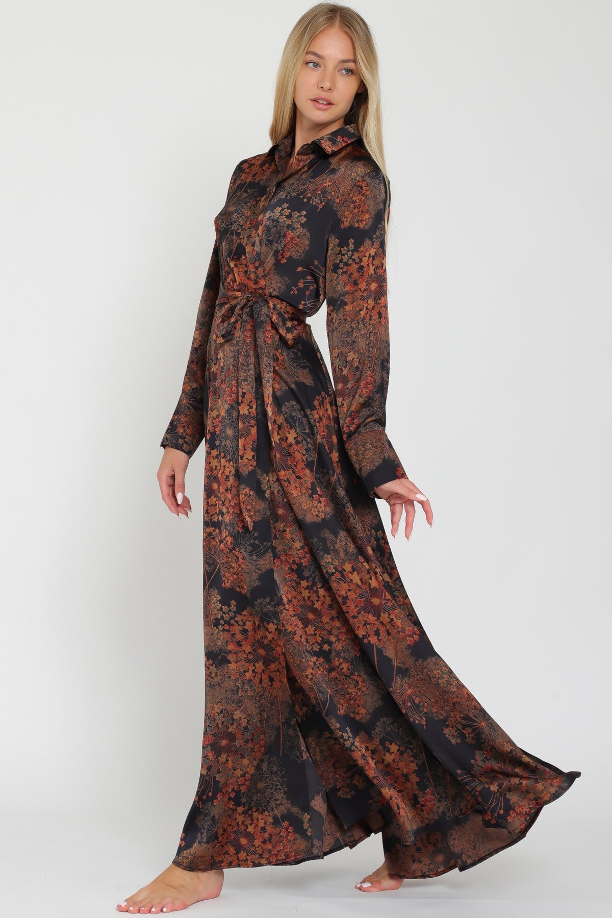 Black Long Sleeve Shirt Collar Wrap Maxi Dress