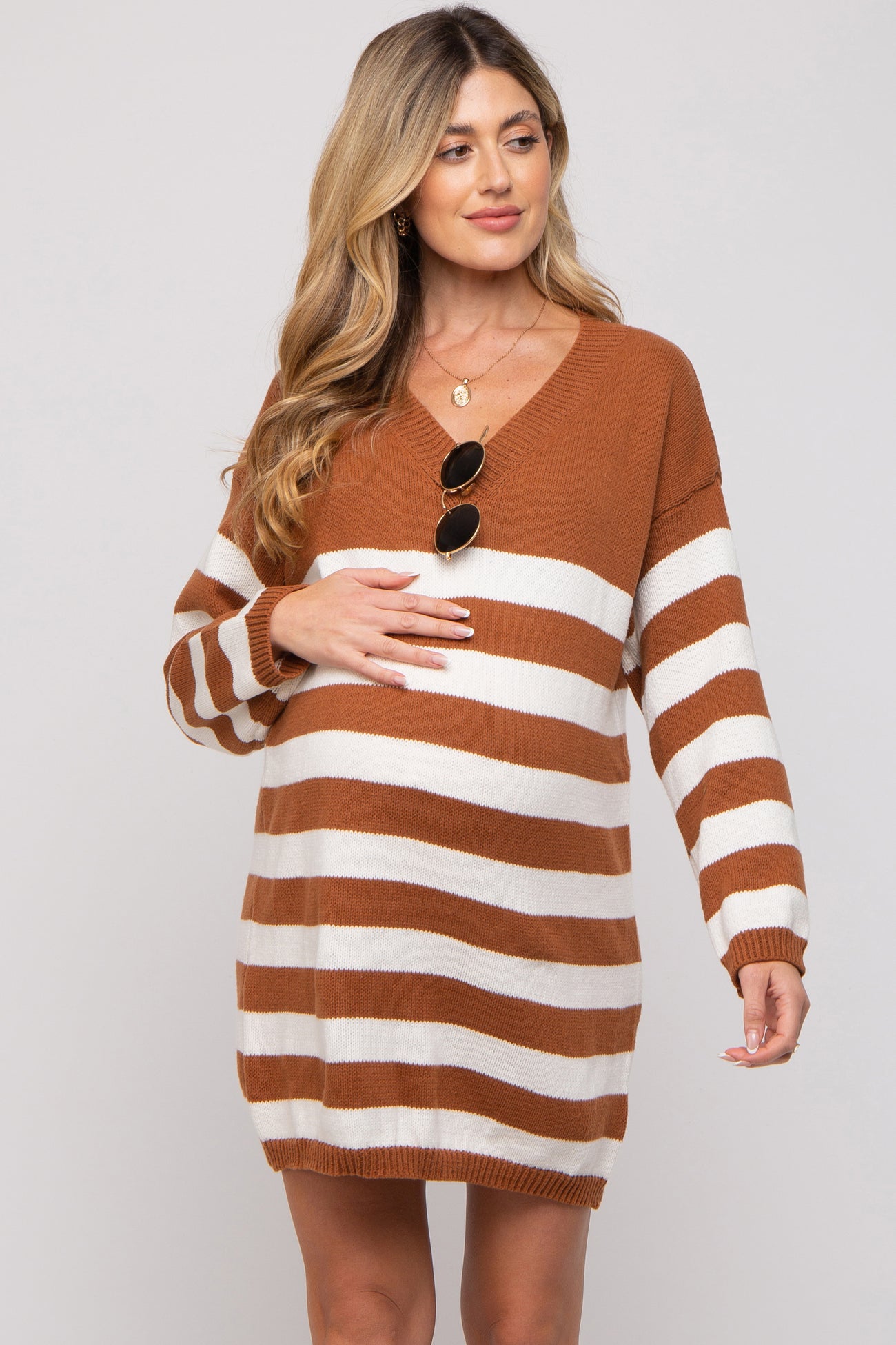Camel Striped V-Neck Maternity Sweater Dress