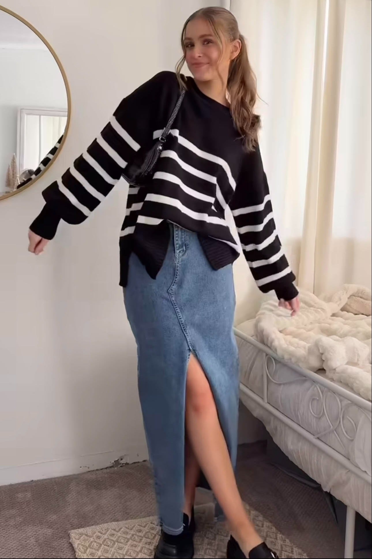 Black Striped Oversized Side Slit Sweater