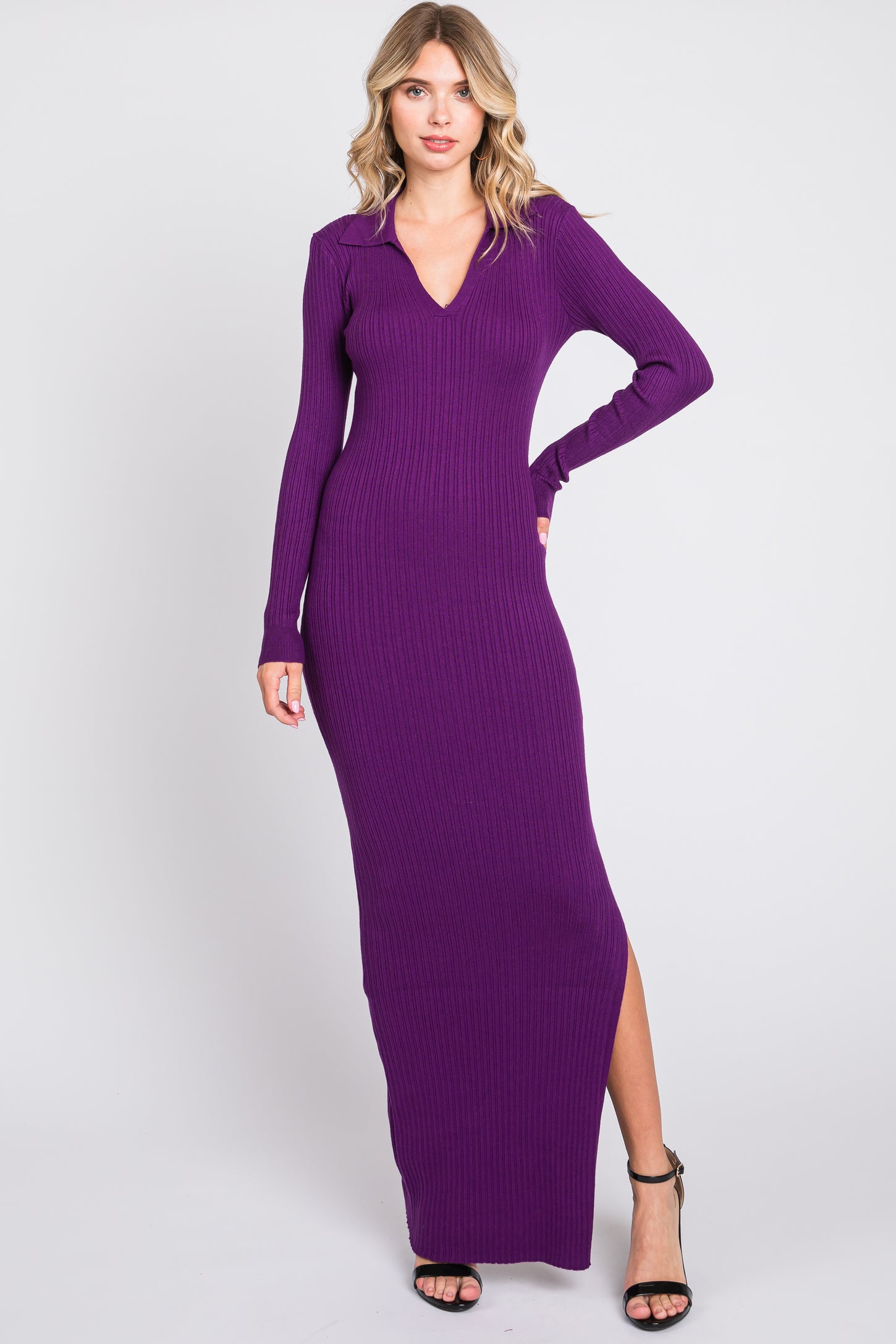 Purple Rib Knit Collared Maternity Maxi Dress
