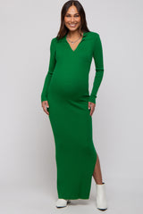 woman wearing a green ribbed maternity dress with a v-neck and side slit, highlighting her baby bump