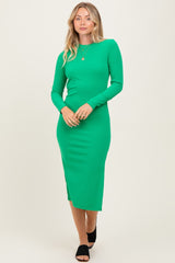 Green Ribbed Mock Neck Long Sleeve Maternity Midi Dress
