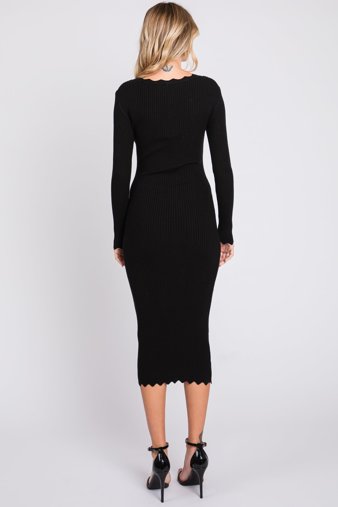 Black Ribbed Scallop Hem Long Sleeve Midi Dress