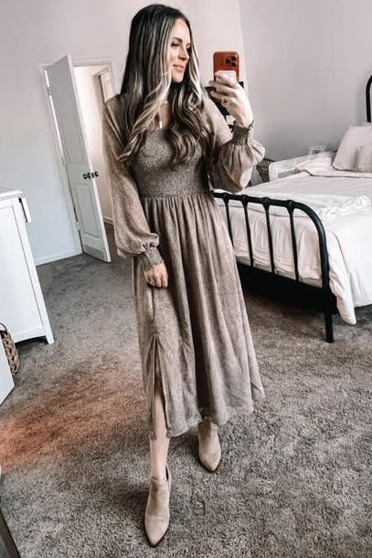 Taupe Scatter Dot Print Smocked Detail Midi Dress