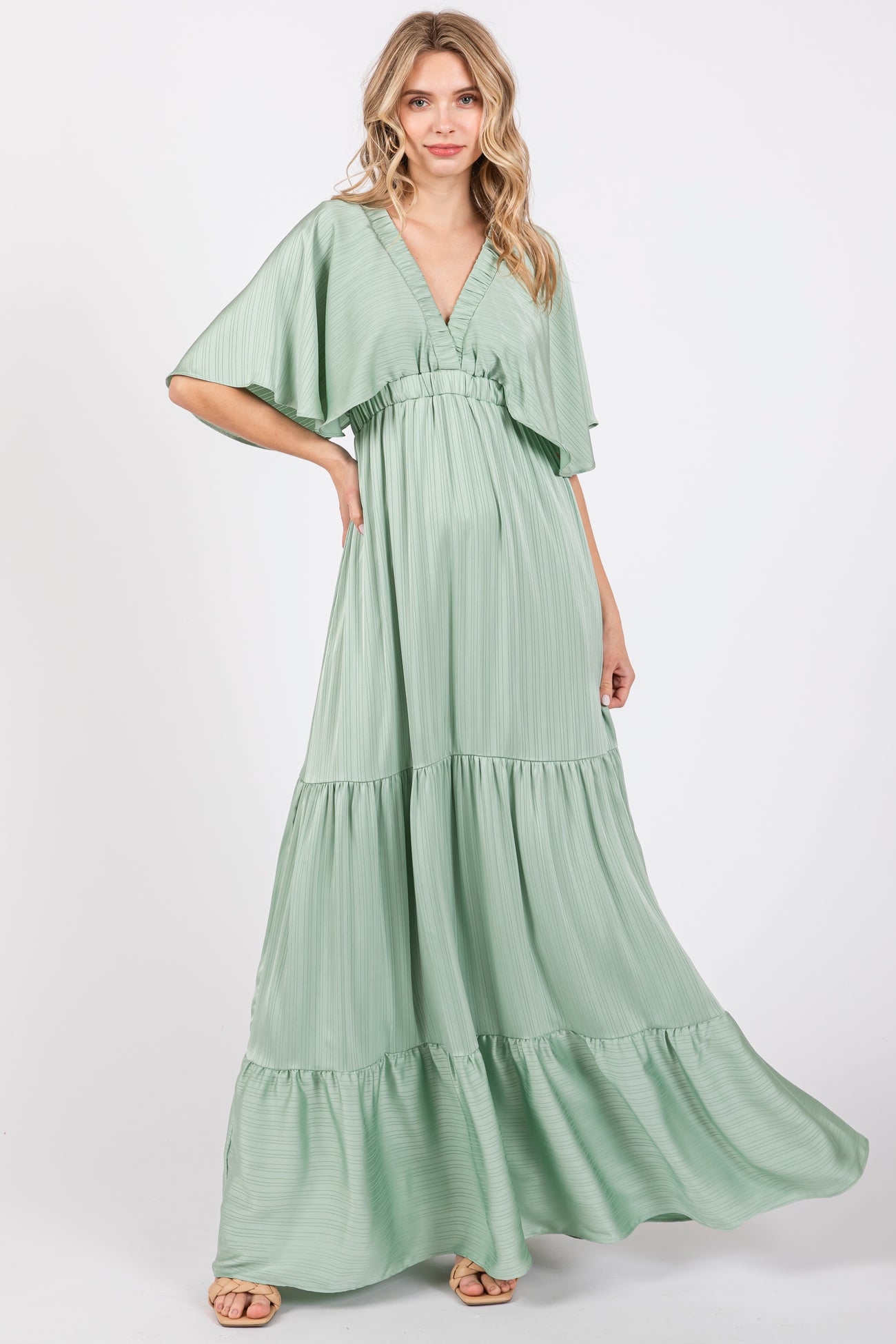 Mint V-Neck Flutter Sleeve Tiered Maxi Dress