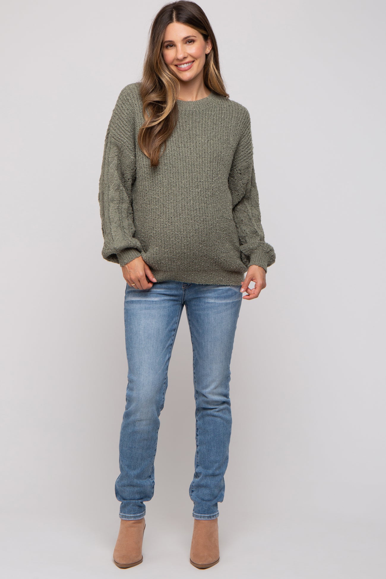 Light Olive Knit Puff Sleeve Maternity Sweater