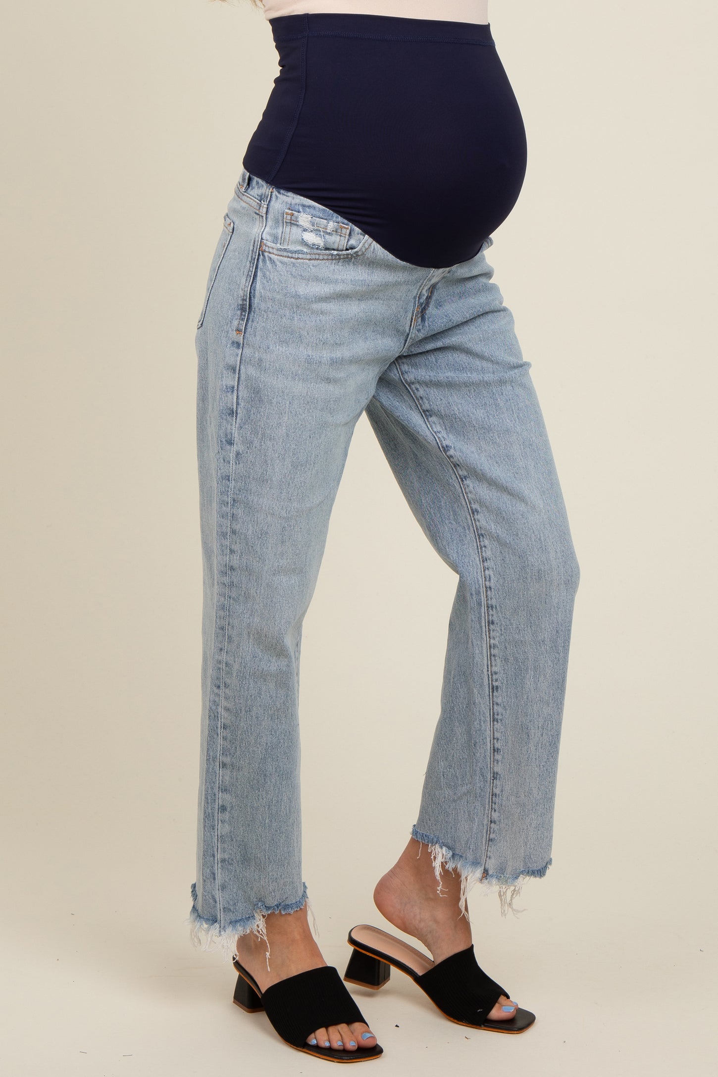 Light Blue Fringe Hem Maternity Cropped Straight Leg Jeans