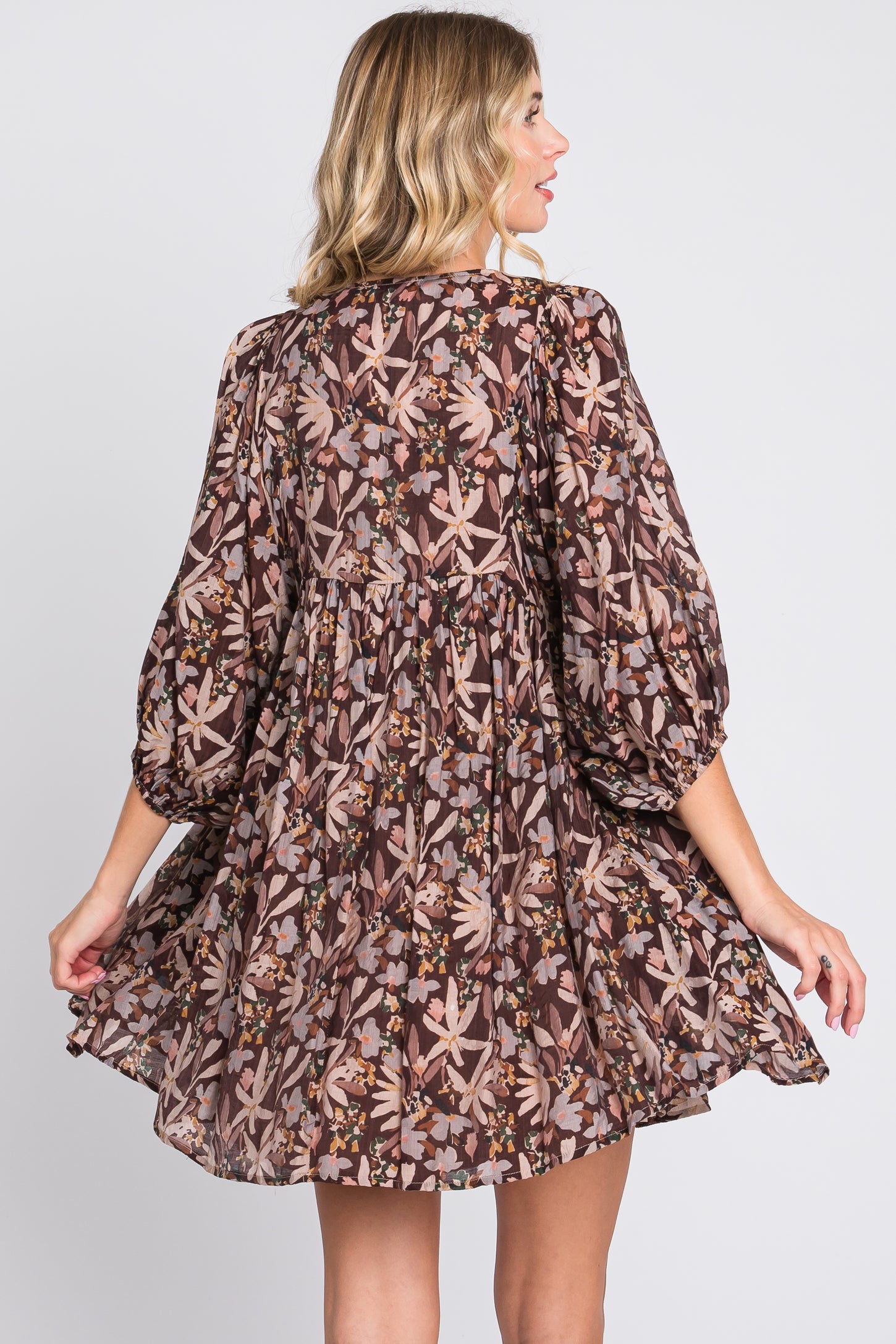 Brown Floral 3/4 Sleeve Dress