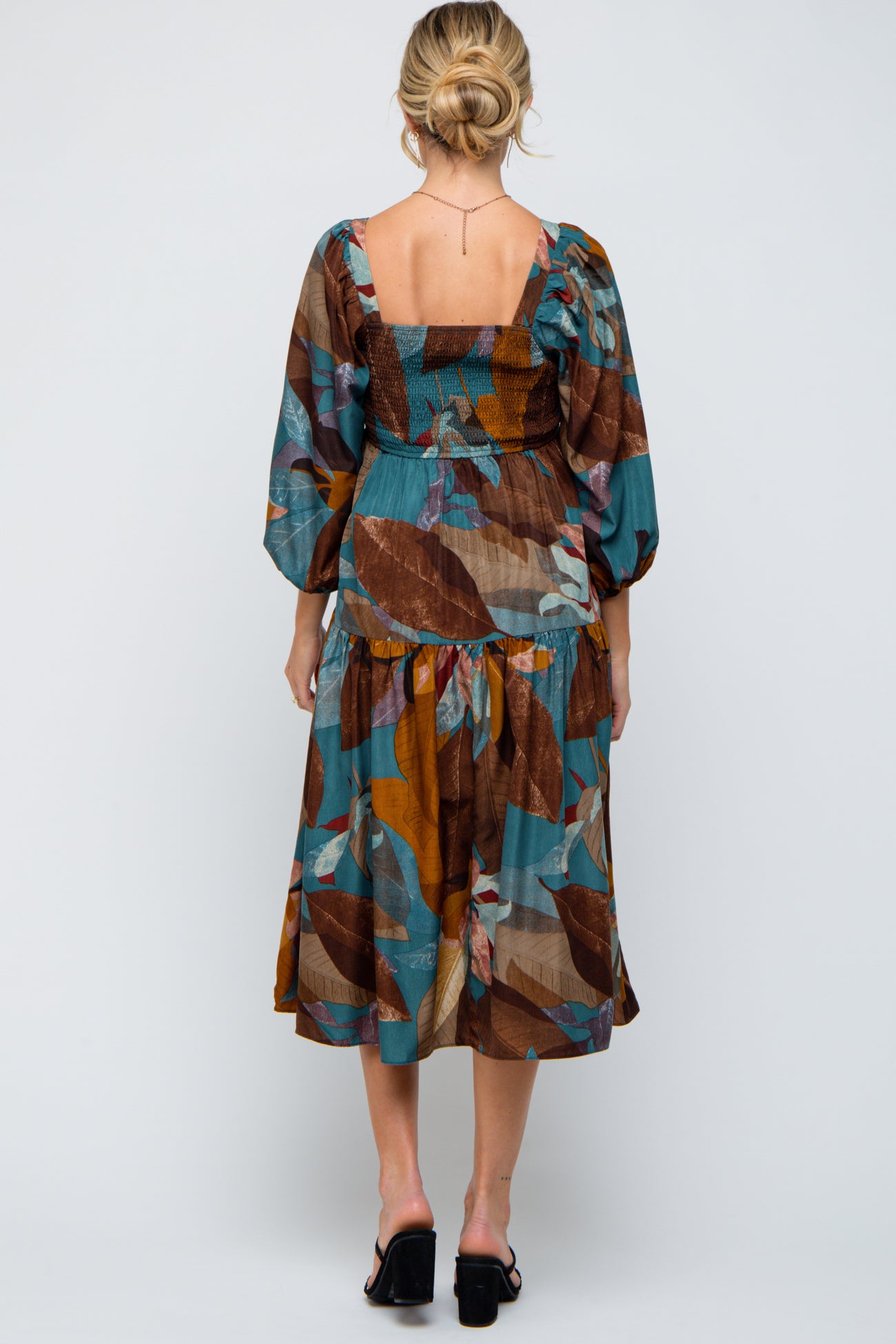 Teal Leaf Print Square Neck Maternity Midi Dress