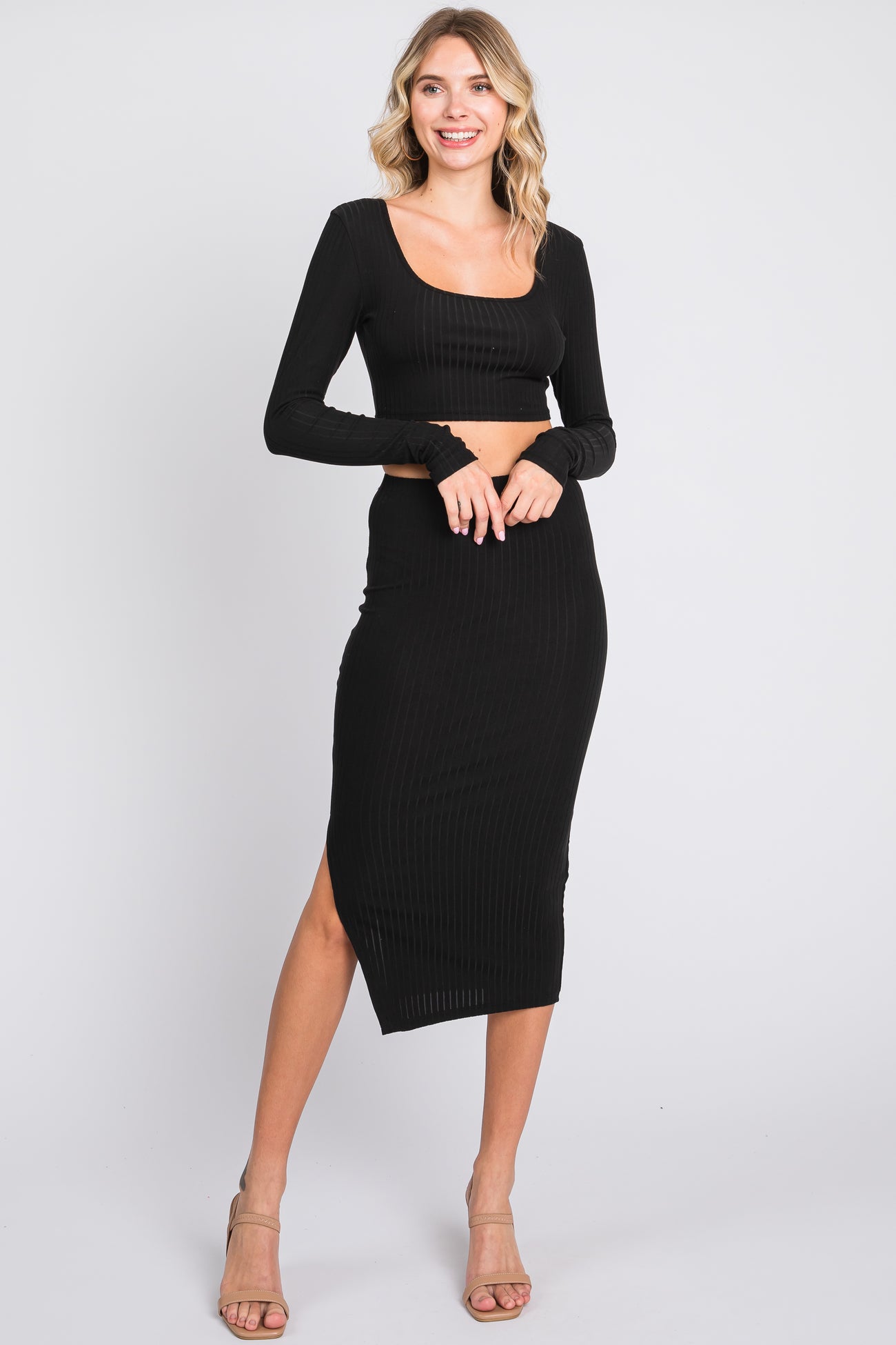 Black Ribbed Crop Top Midi Skirt Set