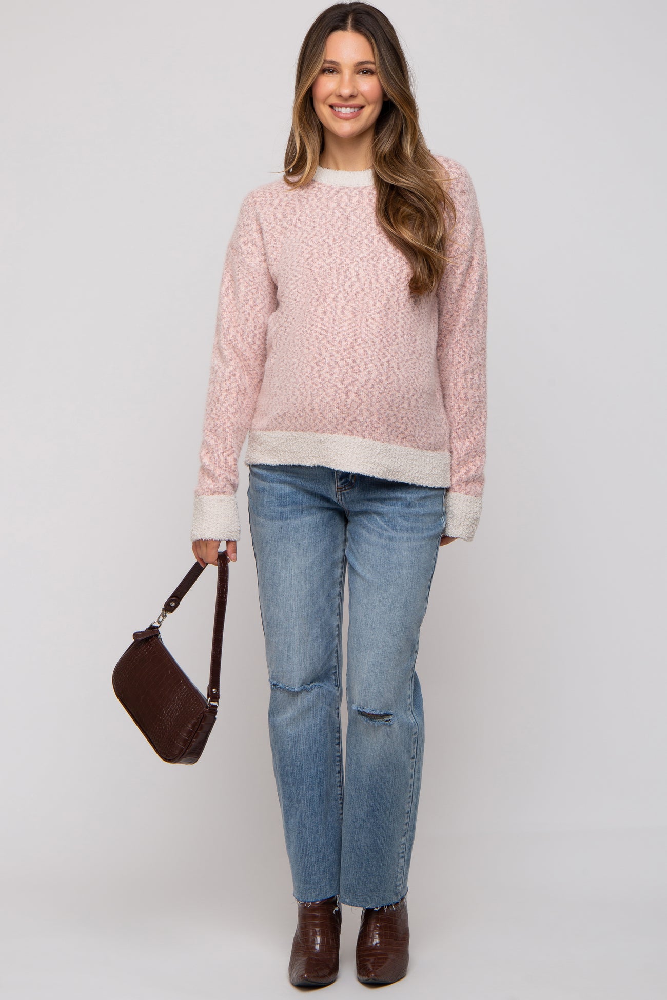 Mauve Two Tone Fuzzy Knit Maternity Sweater