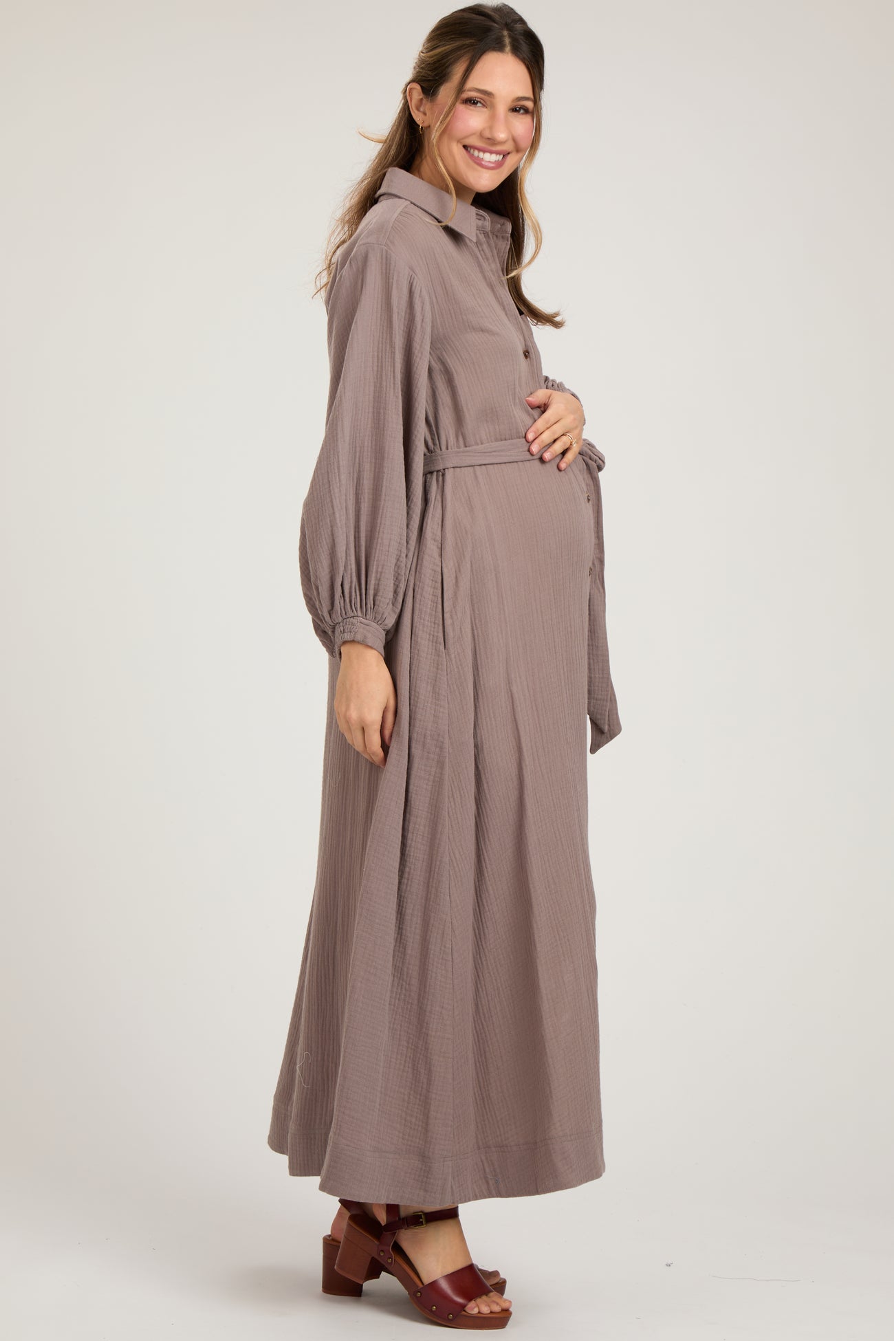 Mocha Gauze Belted Shirt Maternity Midi Dress