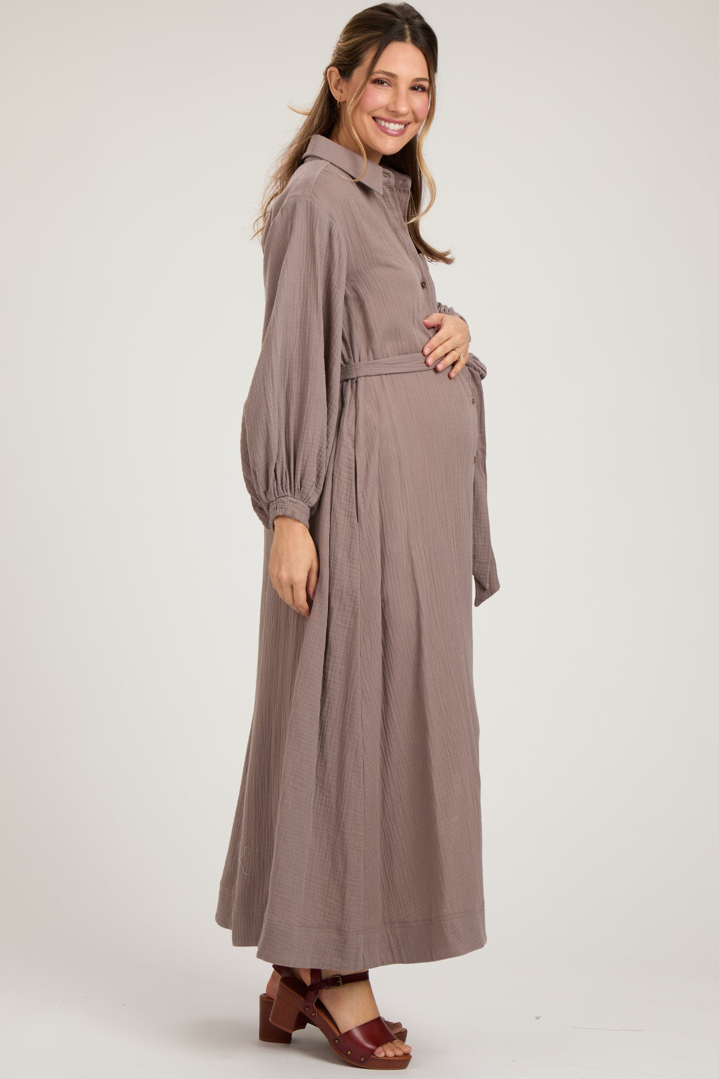Mocha Gauze Belted Shirt Maternity Midi Dress