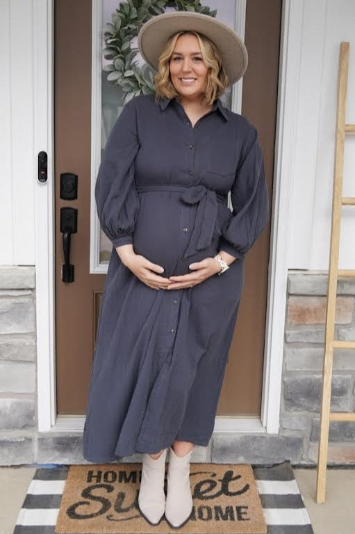 Charcoal Gauze Belted Shirt Maternity Midi Dress