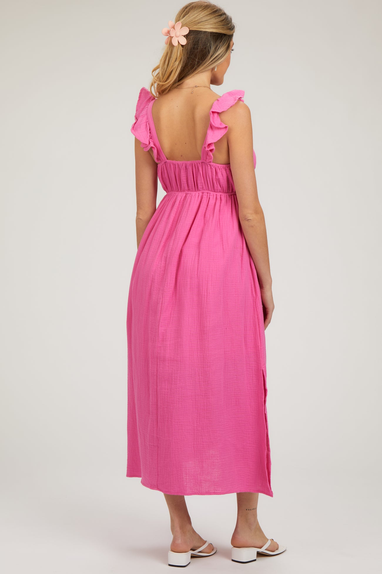Pink Ruffle Strap Maternity Midi Dress