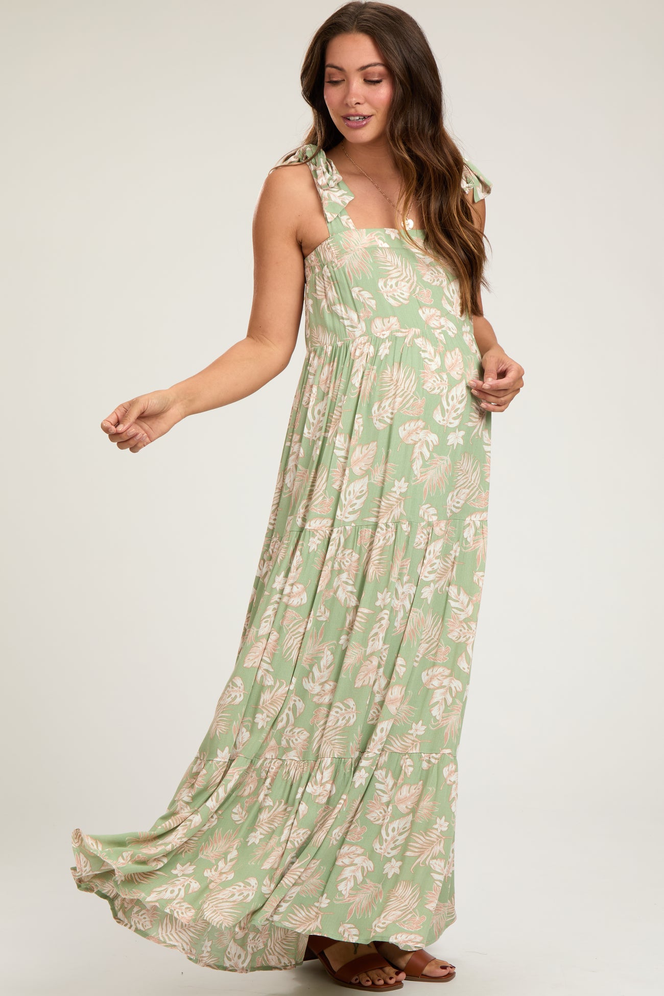 Light Olive Leaf Printed Square Neckline Tie Strap Tiered Maternity Maxi Dress
